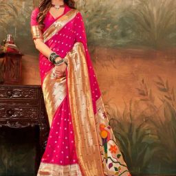 Satrani Pink Silk Woven Saree With Unstitched Blouse-picture-38