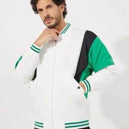 Styli White Regular Fit Colour Block Bomber Jacket-picture-8