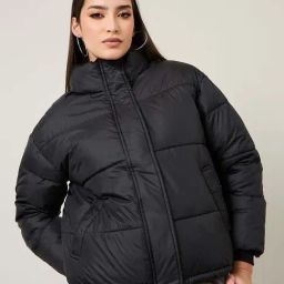 Styli Black Plain Puffer Jacket-image-90