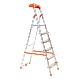 Pro Home 6 Steps Aluminium Ladder Front Step 186 cm Load Capacity 250 Kg With Platform & Tool Tray Orange-6