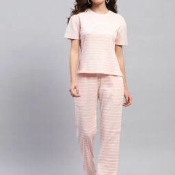 Monte Carlo Light Pink & White Polyester Striped Co-Ord Set-image-33