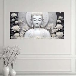Nestroots Buddha Statue In Timeless Monochrome Elegance Wall Painting - Gold Floating Frame-27