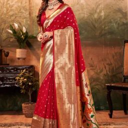Satrani Red Silk Woven Saree With Unstitched Blouse-image-45
