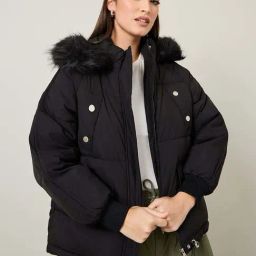 Styli Black Plain Puffer Jacket-image-39