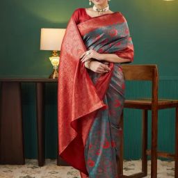 Satrani Grey Silk Blend Woven Saree With Unstitched Blouse-picture-1
