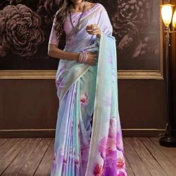 Satrani Purple Floral Print Saree With Unstitched Blouse-image-38