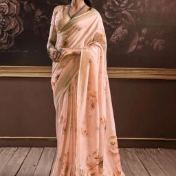 Satrani Peach Floral Print Saree With Unstitched Blouse-picture-10