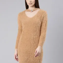 SHOWOFF Beige Knitted Regular Fit Bodycon Dress-image-43