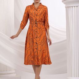 JISORA Women Orange Printed Russian Silk Dress-image-0