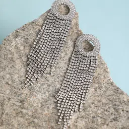 SOHI Silver-Plated Contemporary Artificial Stones Studded Drop Earrings-image-22