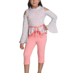 Cutecumber Kids Grey Floral Print Top With Tie Belt-image-29