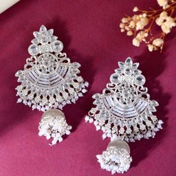 VOJ Silver-Plated Stainless Steel Stone Studded & Beaded Jhumkas-48