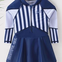 Babyhug Full Sleeves Frock Swimsuit Striped- Blue-image-43