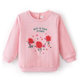 Babyoye Brushed Fleece Eco Conscious Cotton Full Sleeves Sweatshirt With Floral Applique & Text Embroidery - Pink-image-11