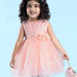 Babyhug Sleeveless Party Frock with Foil Print & Sequin Detailing with Floral Applique - Peach-image-10
