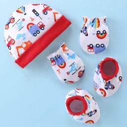 Babyhug 100% Cotton Cap Mittens & Booties Set Truck Print - Red & White-image-76