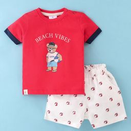 First Smile Cotton Knit Half Sleeves Teddy Bear Printed T-Shirt & Shorts Set - Red-image-1