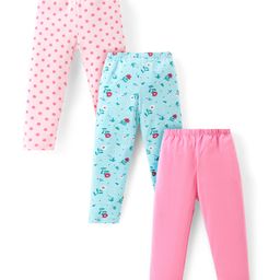 Babyhug Cotton Lycra Knit Full Length Floral & Polka Dot Printed Leggings Pack of 3 - Light Pink Light Blue & Pink-image-59