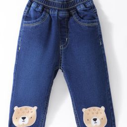Little Kangaroos Cotton Denim Full Length Jeans with Teddy Patch - Dark Blue-image-73