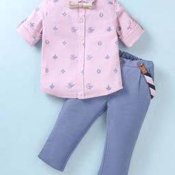 ToffyHouse Chambray Woven Full Sleeves Printed Party Shirt & Trouser With Bow & Suspender - Pink-image-66