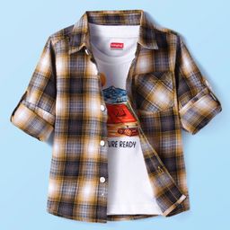 Babyhug Cotton Woven Full Sleeves Checkered Shirt With Printed T-Shirt - White-image-86