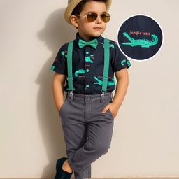 Ollington St. 100% Cotton Woven Half Sleeves Dino Printed Party Shirt & Pant Set with Bow & Suspender - Blue & Green-image-39