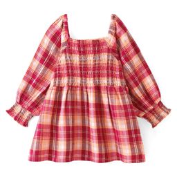 Babyhug Rayon Woven Full Raglan Sleeves Checkered Top With Smocking Detailing - Maroon-image-5