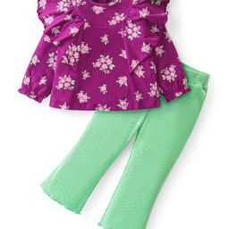 Babyhug Cotton Knit Full Sleeves Frill Detail & Floral Printed Top With Leggings - Purple & Green-image-86