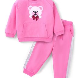 Babyhug Terry Knit Full Raglan Sleeves T-Shirt & Lounge Pants Set With Kangaroo Pocket & Sequined Teddy & Bow Applique - Pink-image-34