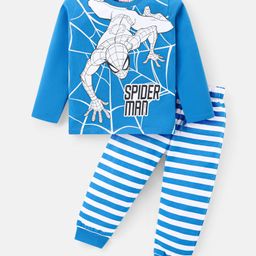 Babyhug Marvel Cotton Knit Full Sleeves Striped Night Suit With Spider Man Graphics - Royal Blue-image-98