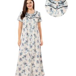 Piu Cotton Half Sleeves Lace Embellished & Floral Printed Plus Size Nighty With Nursing Access - Blue-image-4