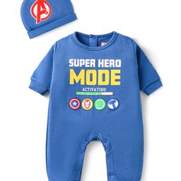 Babyhug Marvel Interlock Knit Full Sleeves Romper with Hat & Avengers Graphics - Blue-image-23