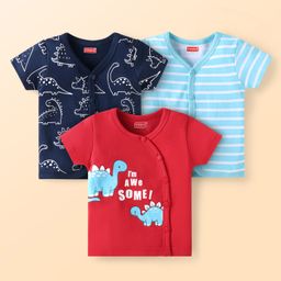 Babyhug Interlock Knit Half Sleeves Vests With Dino Print Pack of 3 - Navy Blue Red & Light Blue-image-18