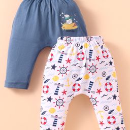 OHMS Single Jersey Knit Full Length Diaper Leggings Nautical Theme & Bear Print Pack Of 2 -White & Blue-18