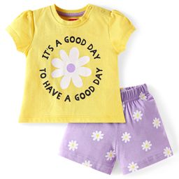 Babyhug Cotton Knit Half Sleeves Night Suit With Floral Print - Yellow & Lavender-image-50