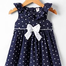 ToffyHouse Cotton Woven Frill Sleeves Frock with Bow Applique & Polka Dots Print - Navy Blue-image-60