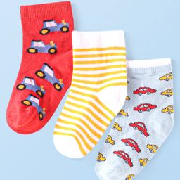 Cute Walk by Babyhug Ankle Length Antibacterial Socks with Vehicle Design Pack Of 3 - White & Red-image-43