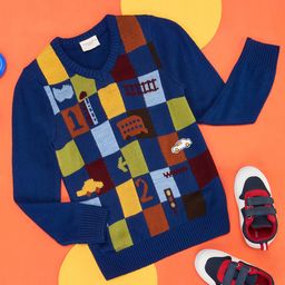Pantaloons Junior Full Sleeves Checked & Cars Designed Sweater - Blue-image-30
