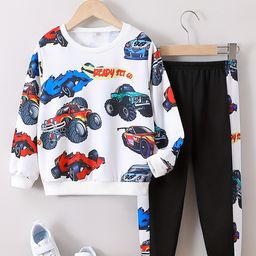 Googo Gaaga Cotton Full Sleeves Cars Printed Tee With Coordinating Side Tapped Trousers Set - White-image-12