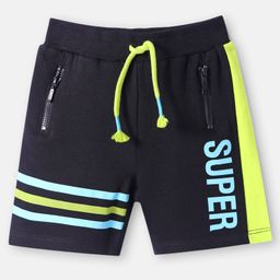Babyhug Cotton Knit Mid Thigh Length Cut & Sew Shorts with Text Print & Stripes - Black-image-83