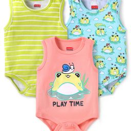 Babyhug 100% Cotton Knit Sleeveless Onesies With Stripes & Animal Print Pack of 3 - Peach Blue & Limegreen-image-13