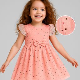 Babyhug Woven Frill Sleeves Mesh Dress with Bow Applique & Star Foil Print - Peach-image-21