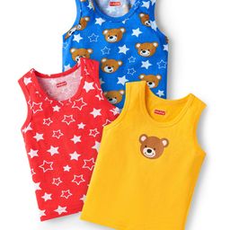 Babyhug 100% Cotton Single Jersey Knit Sleeveless Sandos With Animal & Star Print Pack Of 3 - Red Blue & Yellow-image-81