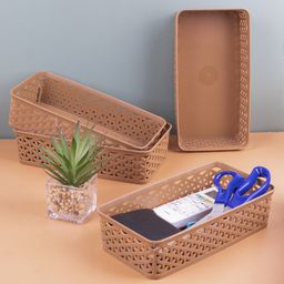 VONCASA Medium Plastic Multipurpose Storage Basket ( Set Of 4, Solid Beige Color)-image-81