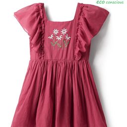 Babyoye Cotton Woven Flutter Sleeves Frock With Floral Embroidered - Red-image-15