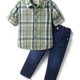 Babyhug Cotton Woven Full Sleeves Checkered Shirt & Denim Jeans - Olive Green & Blue-image-63