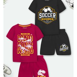 Trampoline Cotton Blend Pack Of 2 Half Sleeves Dinosaur & Soccer Text Printed Coordinating Tees Shorts Set - Maroon & Black-image-94
