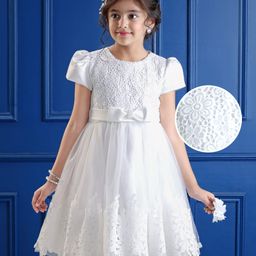 Mark & Mia Woven Puffed Sleeves Party Dress with Sequin Bow Applique & Crochet Detailing - Maroon-image-54