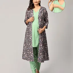 The Mom Store Cotton Blend Solid Kurta & Pant With Three Fourth Sleeves Floral Printed Shacket Set - Multi Colour-picture-10