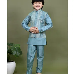 BT DEZINES Cotton Silk Full Sleeves Solid Kurta Pyjama With Threadwork Embroidered Sequins Embellished Jacket Set - Teal Blue-picture-5
